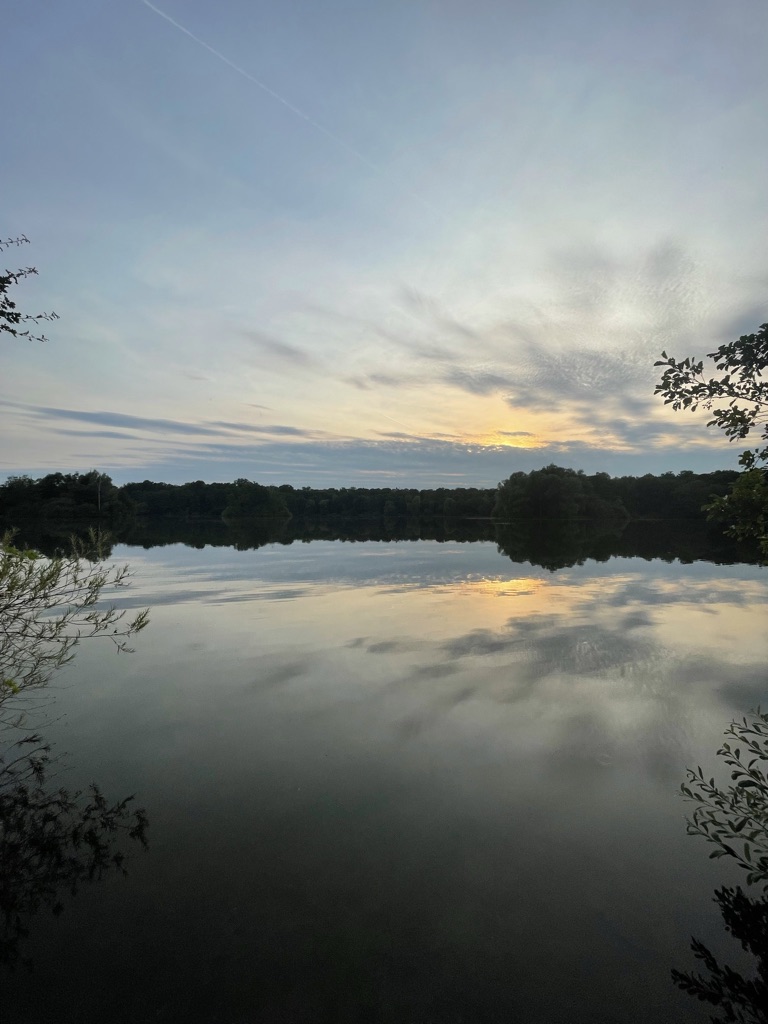 Abendhimmel und Wolken spiegeln sich im ruhigen Erlensee